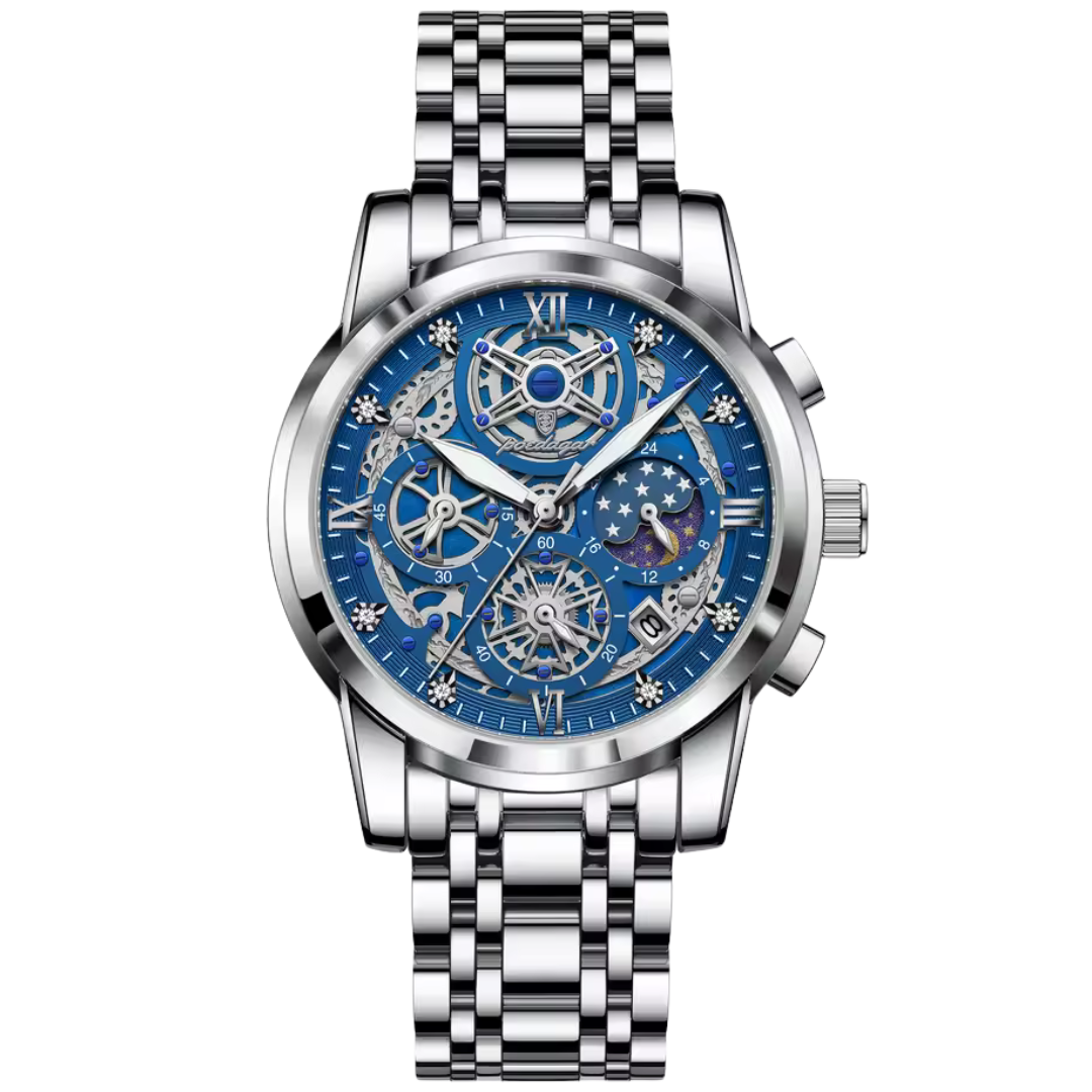 Silver astronomical skeleton watch for men with blue celestial dial and starry subdial at Dapper Watches