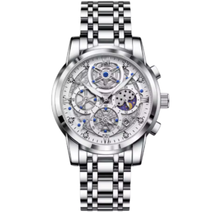 Silver celestial chronograph watch for men with moonphase and skeleton dial