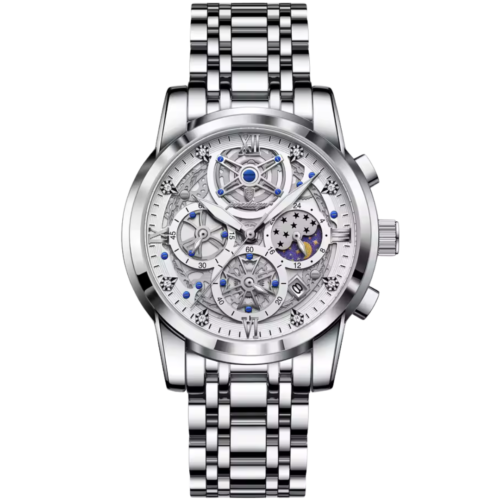 Silver celestial chronograph watch for men with moonphase and skeleton dial