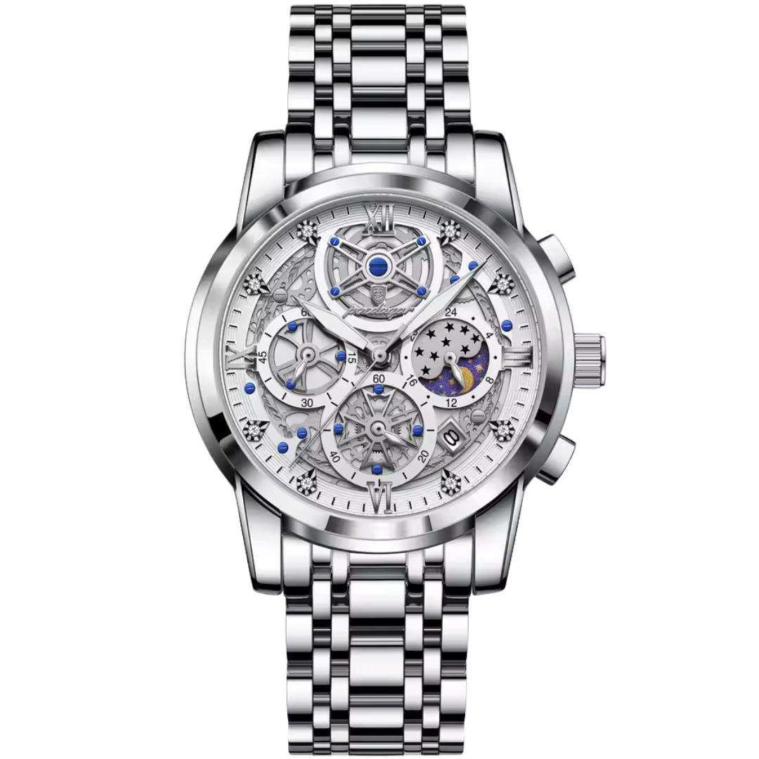 Silver celestial chronograph watch for men with moonphase and skeleton dial
