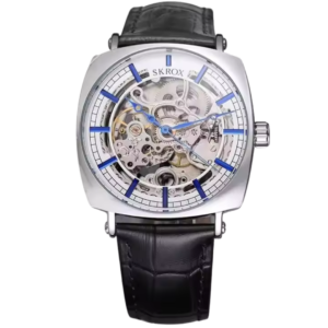 Luxury silver skeleton watch for men with blue markers and black leather strap – Argent Vein Matrix