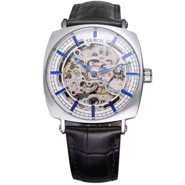 Luxury silver skeleton watch for men with blue markers and black leather strap – Argent Vein Matrix