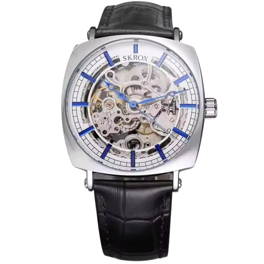 Luxury silver skeleton watch for men with blue markers and black leather strap – Argent Vein Matrix