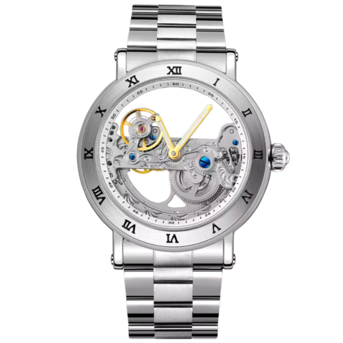 Vitrinox Arc Vault silver mechanical skeleton watch with Roman numerals and exposed gears