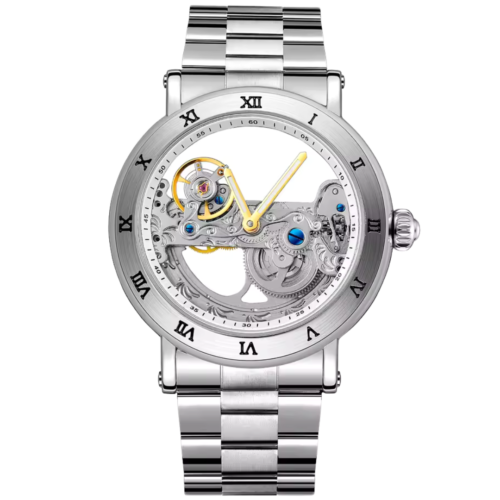Vitrinox Arc Vault silver mechanical skeleton watch with Roman numerals and exposed gears.