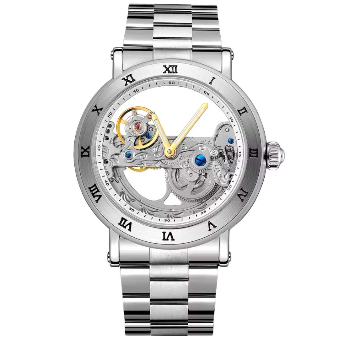 Vitrinox Arc Vault silver mechanical skeleton watch with Roman numerals and exposed gears.
