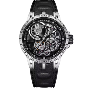 Black automatic skeleton watch with mechanical gears and black leather strap – Noirsteel Core Motion