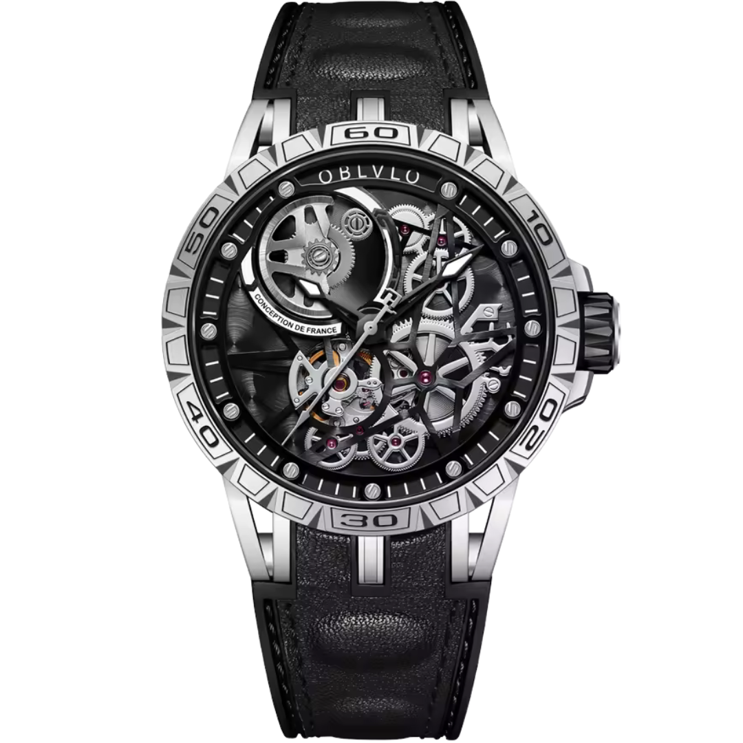 Black automatic skeleton watch with mechanical gears and black leather strap – Noirsteel Core Motion