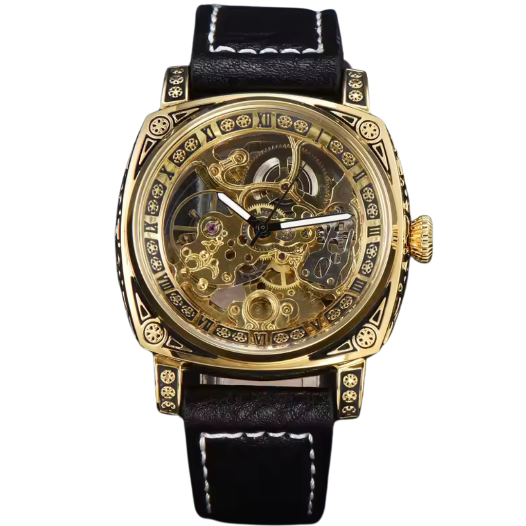 Skeleton gold watch with black strap and mechanical dial for men