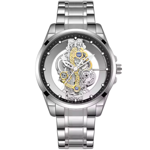 Luxury skeleton mechanical watch for men with steel bracelet and open heart design