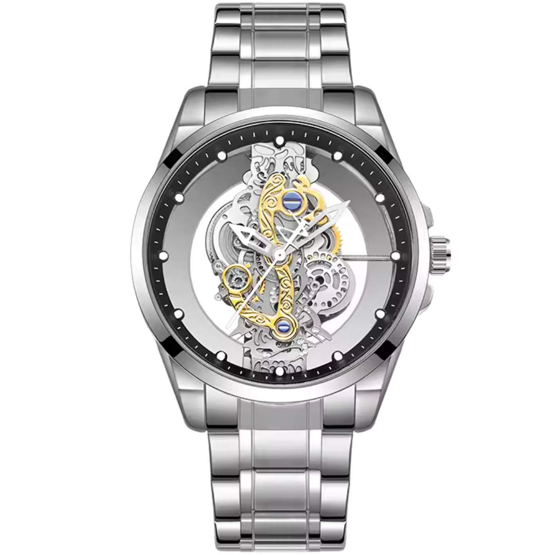 Luxury skeleton mechanical watch for men with steel bracelet and open heart design