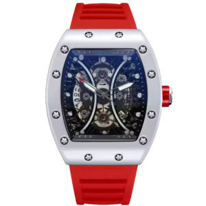 Red men’s skeleton sports watch with tonneau steel case and exposed gears – Crimson Forge Realm