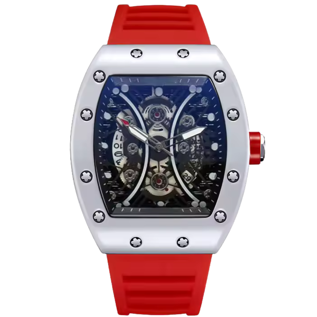 Red men’s skeleton sports watch with tonneau steel case and exposed gears – Crimson Forge Realm