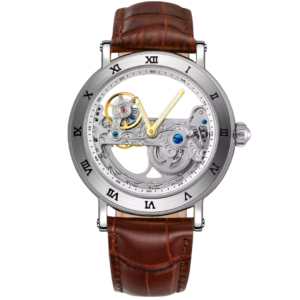 Aurelian Arc Vault skeleton watch for men with roman numerals and brown strap.