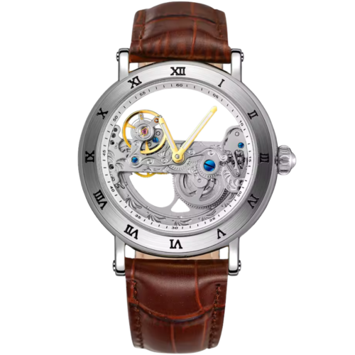 Aurelian Arc Vault skeleton watch for men with roman numerals and brown strap