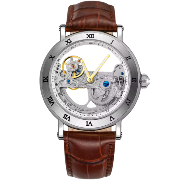 Aurelian Arc Vault skeleton watch for men with roman numerals and brown strap