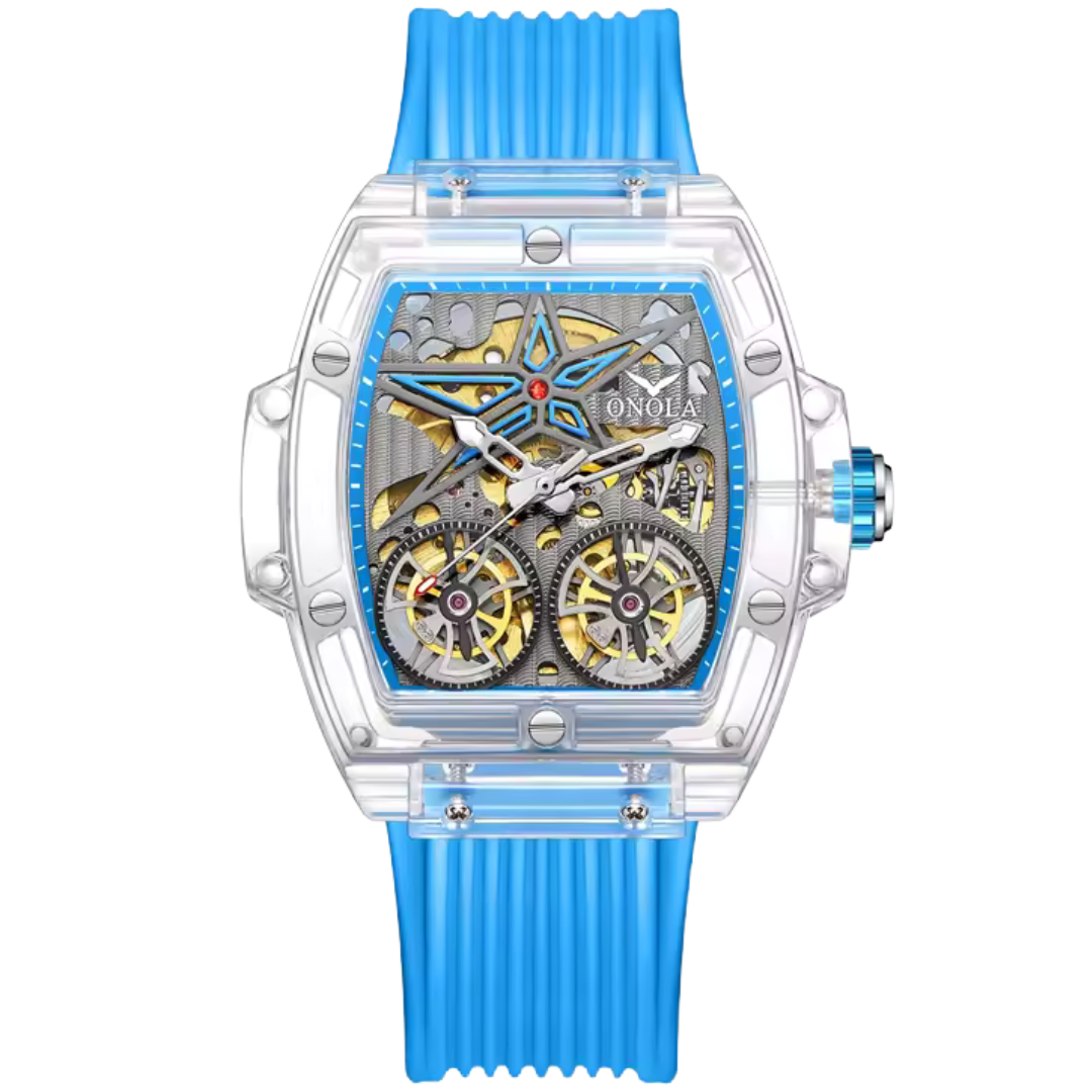Skeleton sports watch with transparent icy case and dual gear movement.