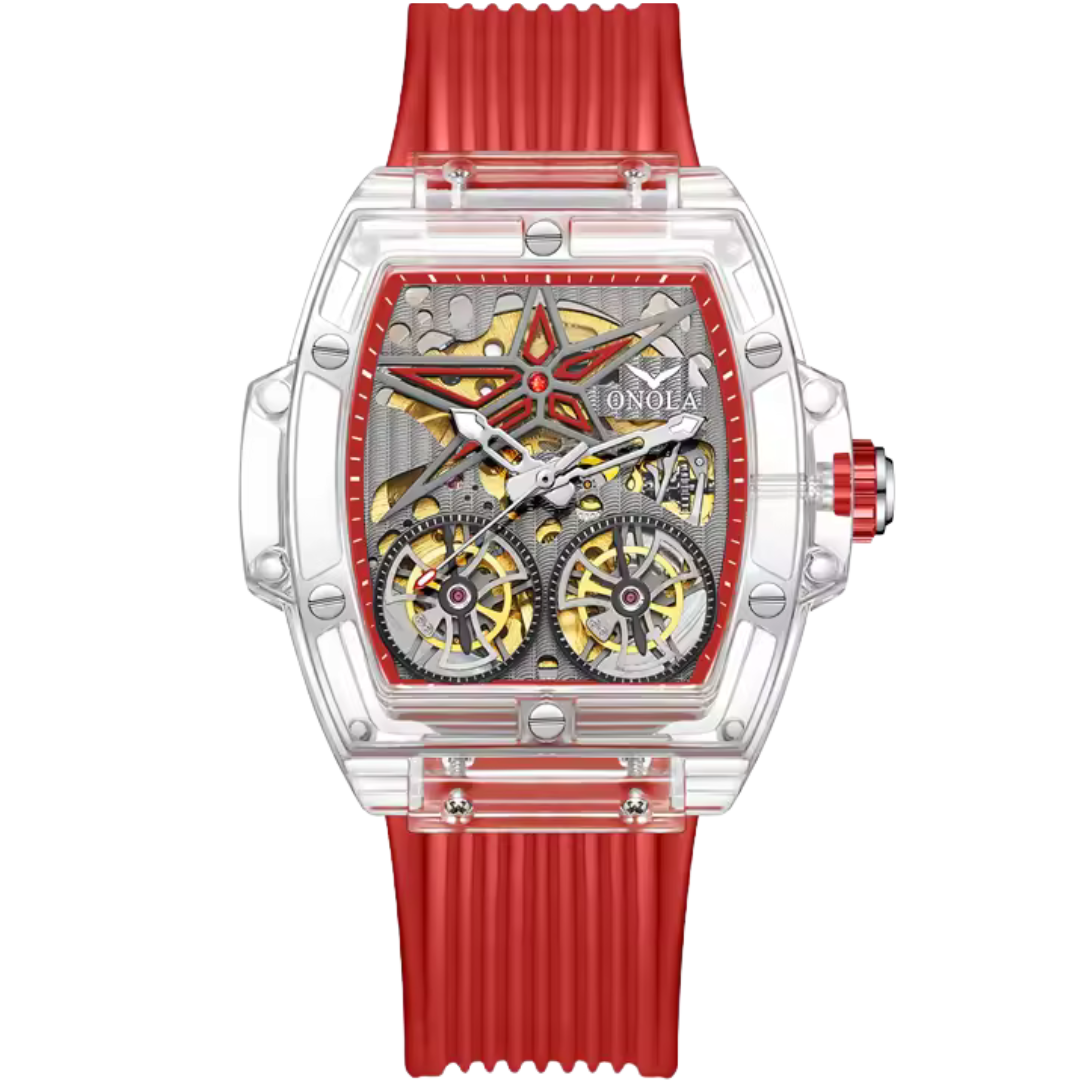 Crystimson Helix Zone skeleton dial bold watch with transparent case and red strap