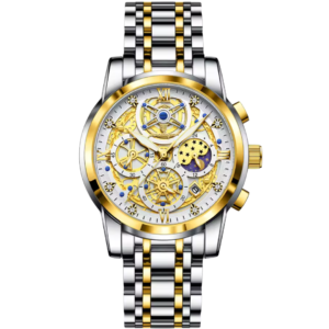 Two-tone celestial chronograph watch for men with moonphase and exposed dial available on Dapper Watches