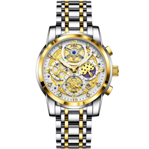 Two-tone celestial chronograph watch for men with moonphase and exposed dial available on Dapper Watches