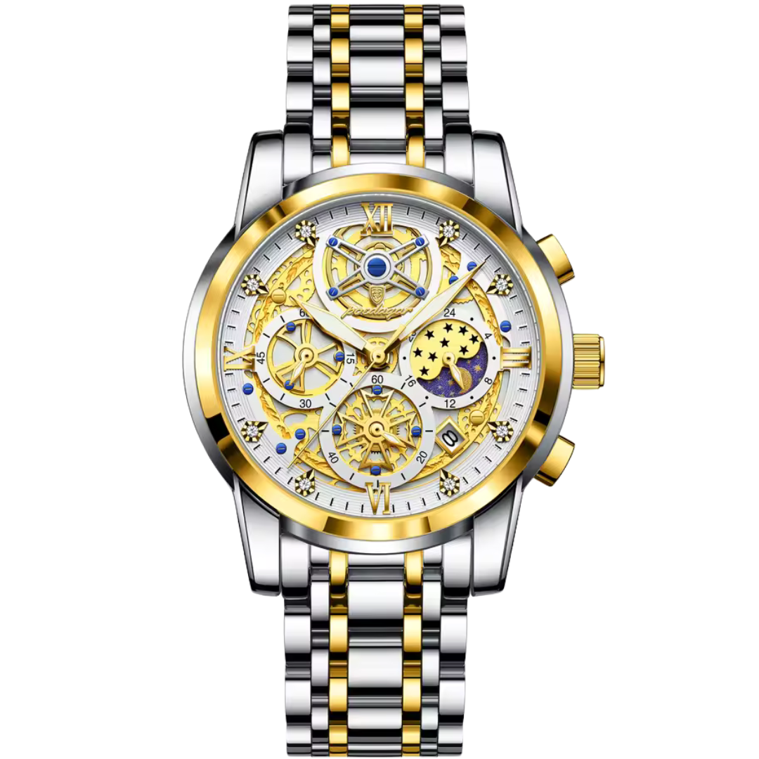 Two-tone celestial chronograph watch for men with moonphase and exposed dial available on Dapper Watches