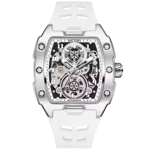 White and silver skeleton sports watch with automatic movement for men