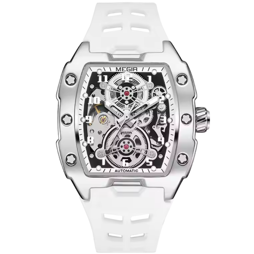 White and silver skeleton sports watch with automatic movement for men