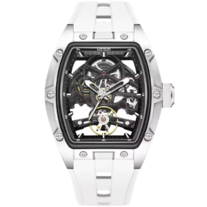 White skeleton watch for men with iceframe steel finish and exposed mechanical core – Dapper Watches