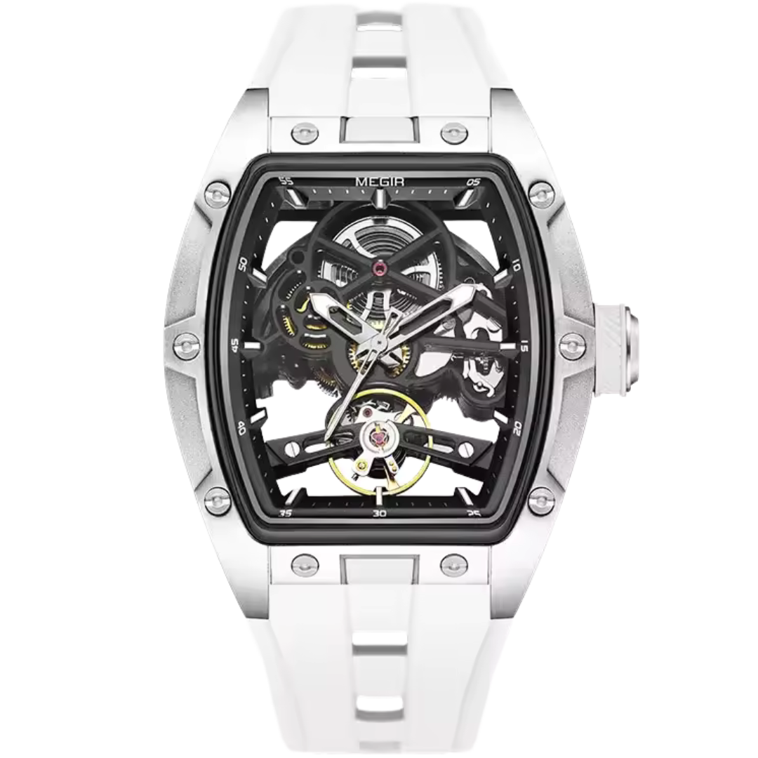 White skeleton watch for men with iceframe steel finish and exposed mechanical core – Dapper Watches