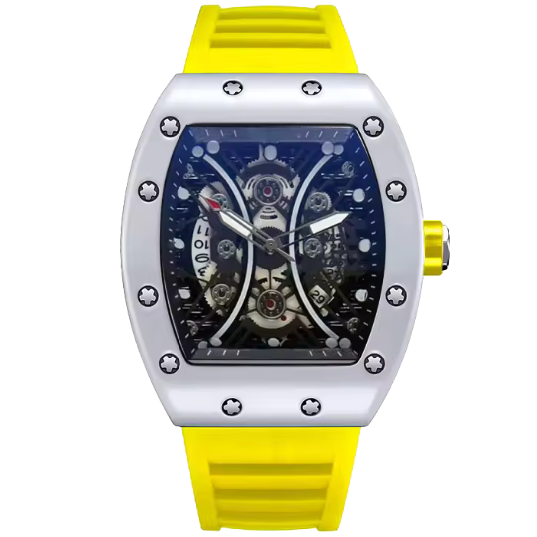 Solaris Forge Realm fashion skeleton watch with yellow strap and exposed mechanics