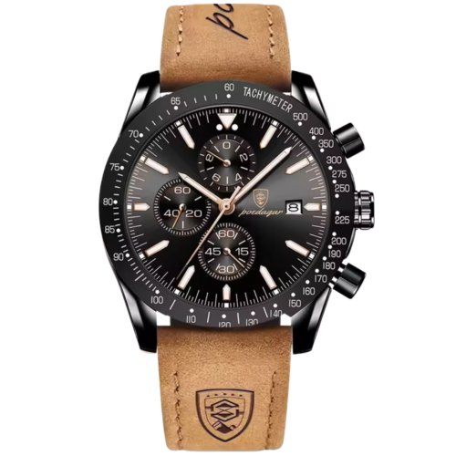 Nyxion Chronova Pulse black chronograph watch for men with tan leather strap – Dapper Watches