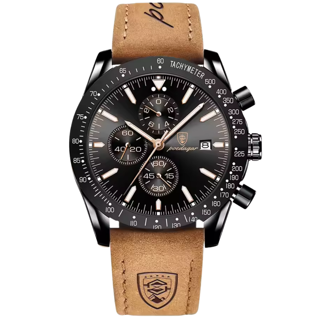 Nyxion Chronova Pulse black chronograph watch for men with tan leather strap – Dapper Watches