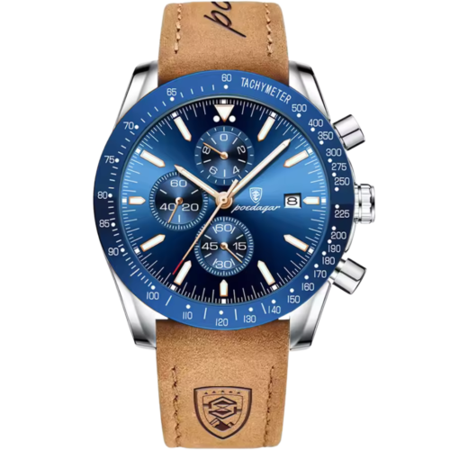 Zeryth Chronova Pulse blue chronograph watch for men with tan leather strap – Dapper Watches