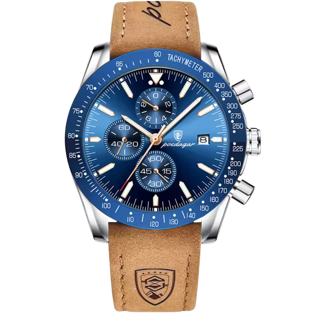 Zeryth Chronova Pulse blue chronograph watch for men with tan leather strap – Dapper Watches